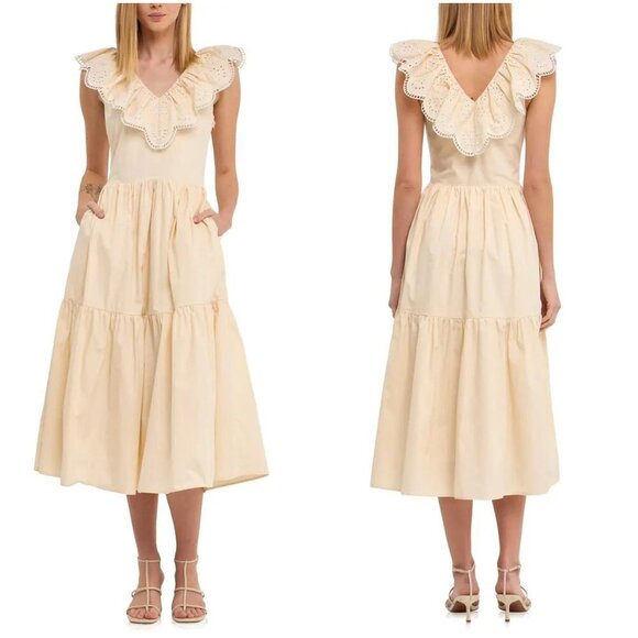 NWT English Factory Beige Ruffle Yoke Tiered Hem Midi Dress $120 - Picture 1 of 10